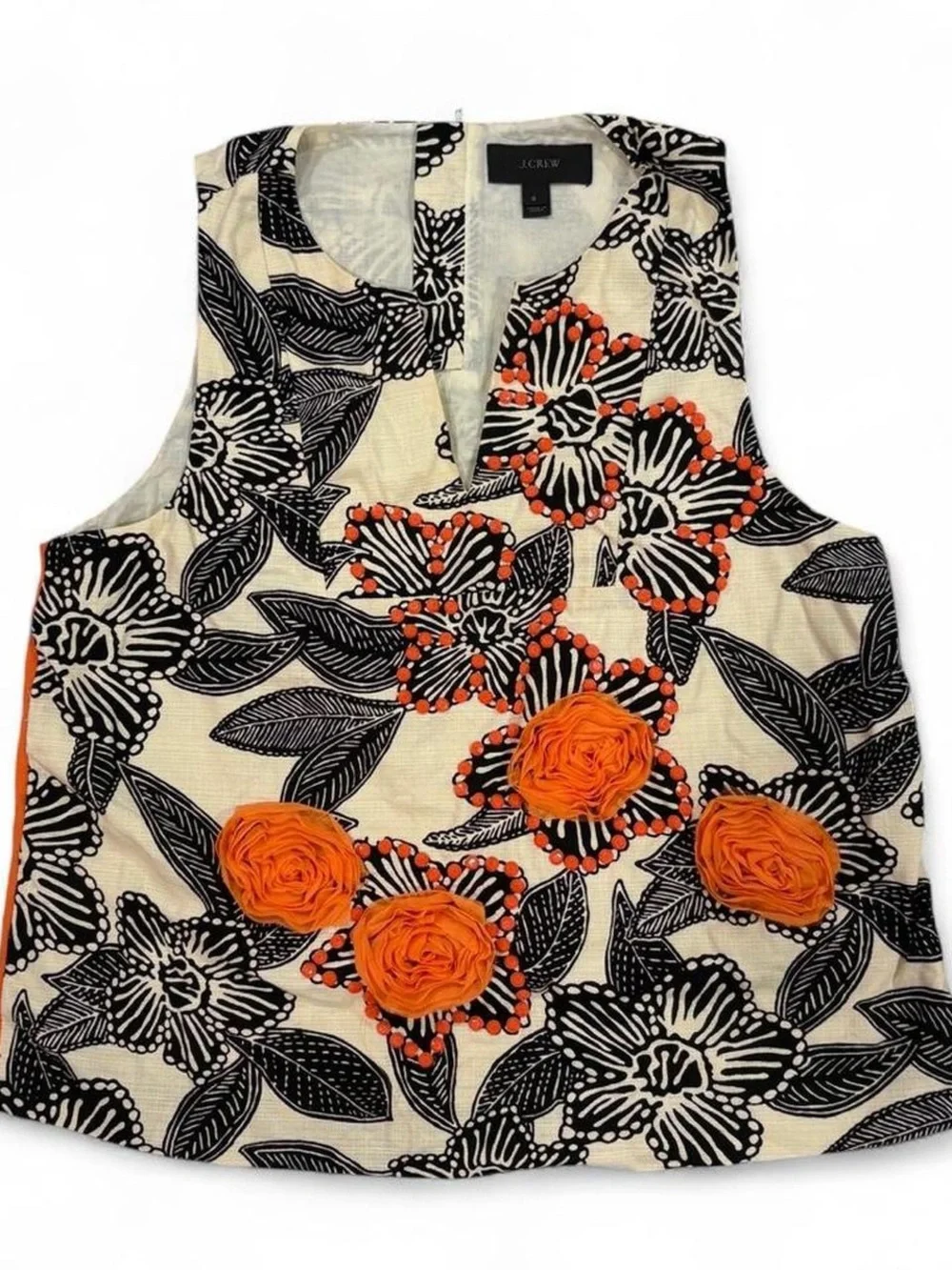 Custom J.Crew orange + black Notched Shell Polynesian floral tank top beaded